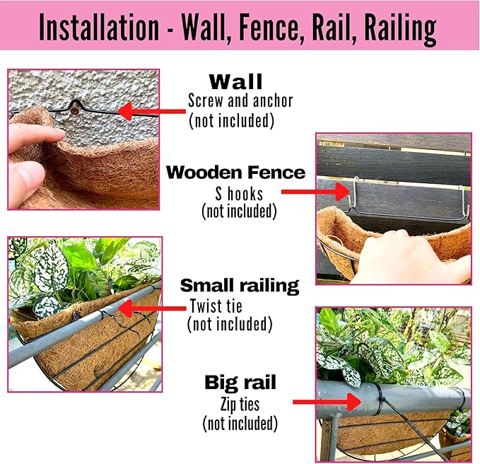 LaLaGreen 16 Inch Wall Mounted Flower Baskets, 4 Pack, Large Railing Planter - Image 3