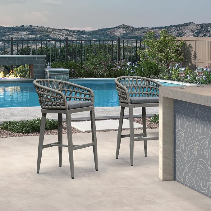 PURPLE LEAF Outdoor Rattan 29" Bar Stools Set of 2, Modern Boho Aluminum Patio - Image 2