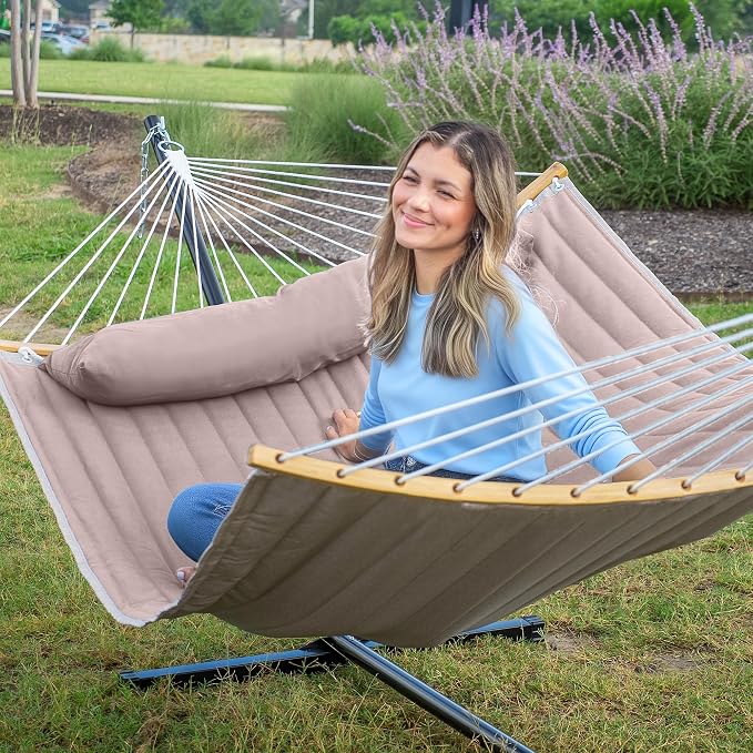 Double Hammock with 12 FT Stand, 2 Person Curved Bar Hammock with Stand - Image 2