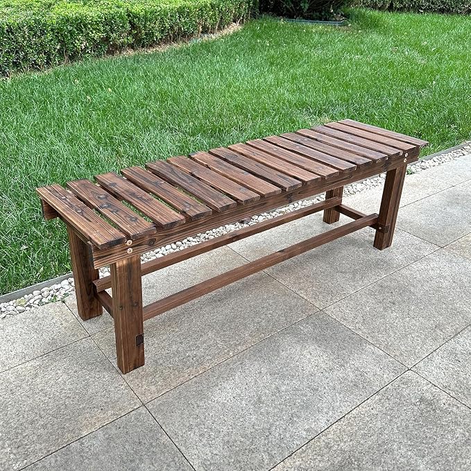 Outdoor Garden Bench, 3-Person Wood Patio Bench Weatherproof Outdoor Backless - Image 8