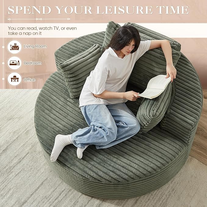 Oversized Round Chaise Longue Chair Indoor, Modern 55-inch Upholstered Corduroy - Image 3