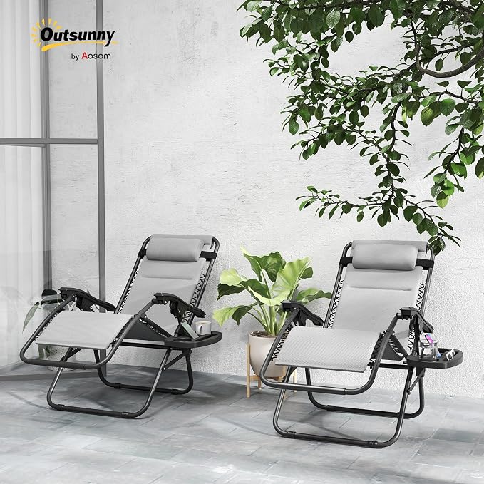 Outsunny Zero Gravity Chairs Set of 2, Reclining Folding Zero Gravity Lounge - Image 2