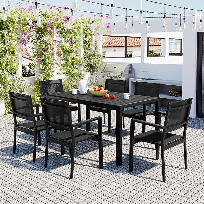 Outdoor 7 Piece Dining Table and Chair Set, Steel Outdoor Table by RuiSiSi