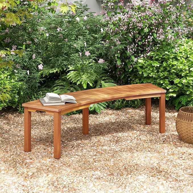 Tangkula Outdoor Curved Bench, Acacia Wood Fire Pit Bench w/Slatted Seat - Image 2