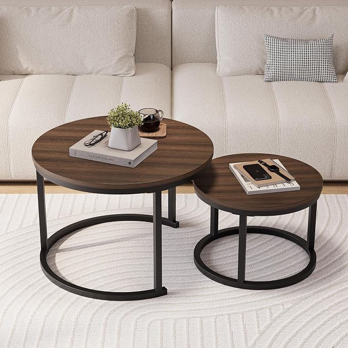 HOJINLINERO Round Coffee Table, Nesting Coffee Table Set of 2, Center Tables by HOJINLINERO