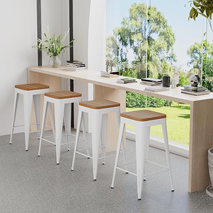 Bar Stools Set of 2 Metal Bar Stool Counter Height Bar Stools White, Modern 24" - Image 3