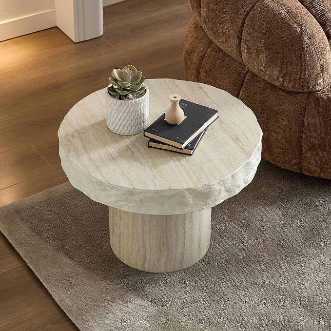 23.82" Round Side Table Small Coffee Table Faux Marble Pattern End Table Cement - Image 3