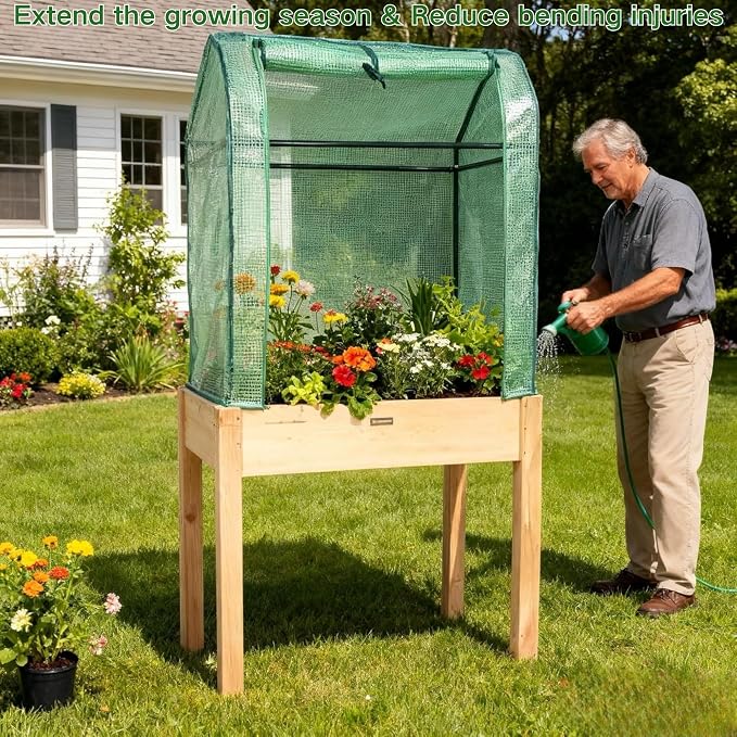 Raised Garden Bed with Greenhouse Cover, Elevated Wood Planter Box with Legs & - Image 2
