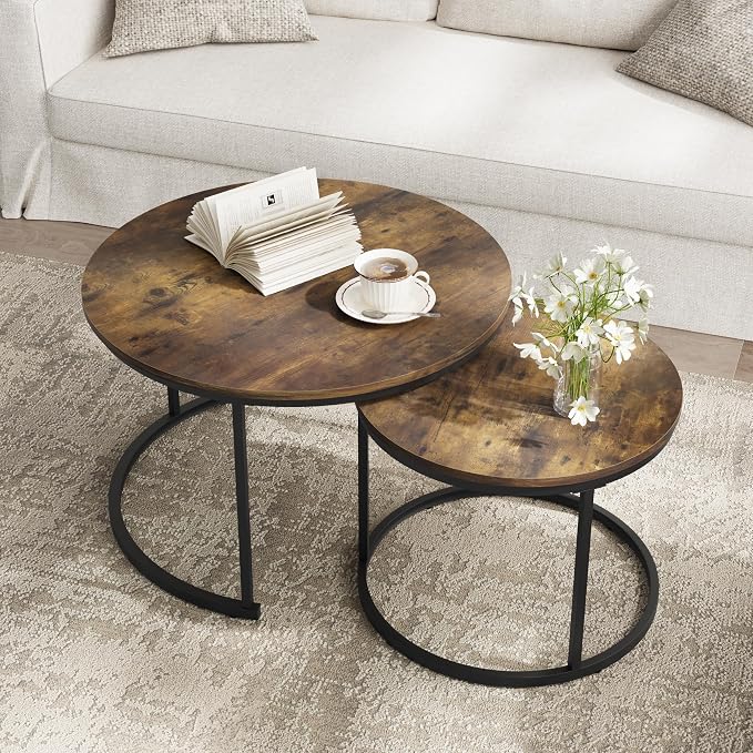 Smuxee Rustic Nesting Coffee Table Set of 2, 27.6" Round Coffee Table Wooden - Image 6