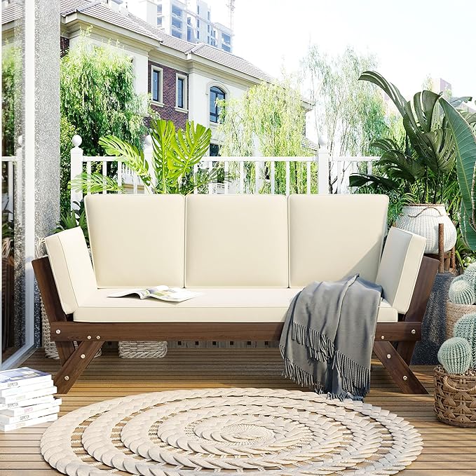 Merax Patio Sofa, Outdoor Adjustable Wooden Daybed, Chaise Lounge by Merax