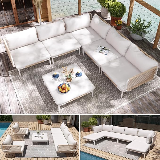 6 Piece Modern Outdoor Sectional Sofa, Weather-Resistant Metal Frame and - Image 8