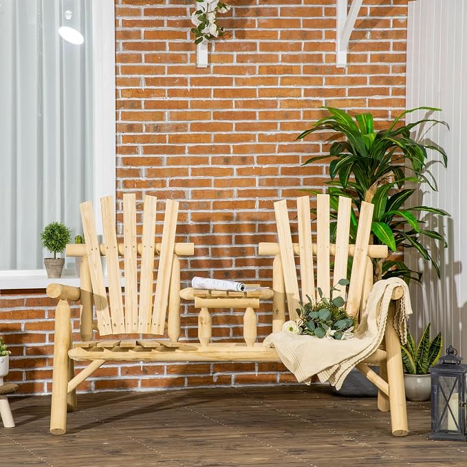 Outsunny 2-Seat Wooden Adirondack Chair, Patio Bench - Image 2