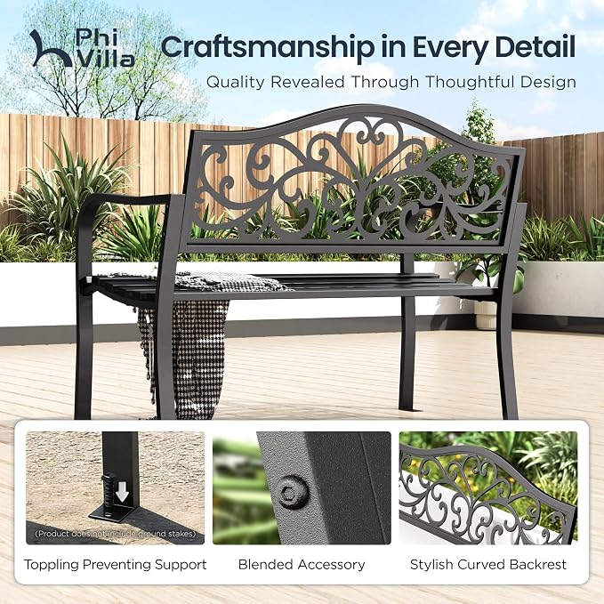 PHI VILLA 43 Inch Cast Iron Steel Frame Outdoor Garden Bench, Patio Furniture - Image 8
