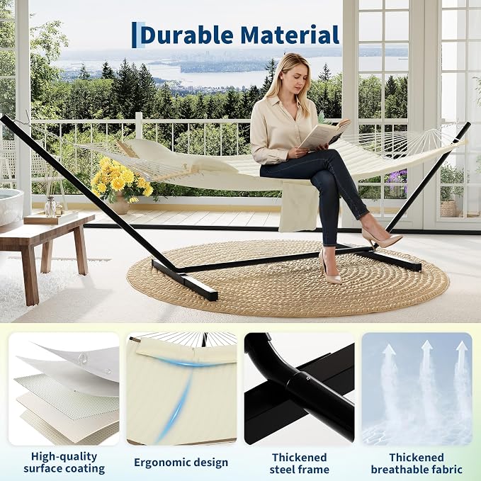 2 Person Double Hammock with Adjustable Steel Stand & Pillow, Heavy Duty - Image 4
