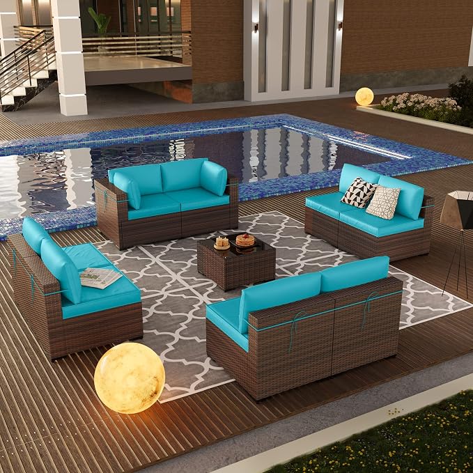 Kullavik 9 Pieces Outdoor Patio Furniture Set, Sectional Rattan Sofa Set Brown - Image 6