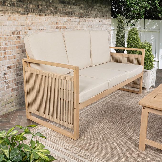 JONATHAN Y SFB1002A Gable 3-Seat Mid-Century Modern Roped Acacia Wood Outdoor - Image 2