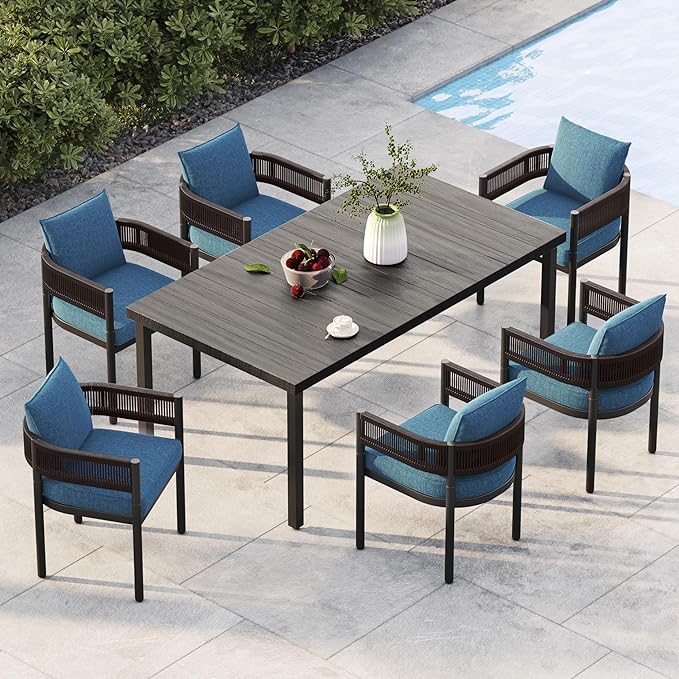 Grand patio Outdoor Dining Set for 6, Metal Woven Wicker Fixed Patio Chairs by GrandPatio