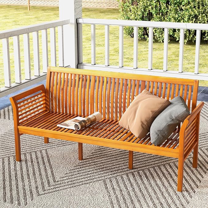 HAPPYGRILL 3-Person Outdoor Bench Acacia Wood Porch Bench, Garden Bench by HAPPYGRILL