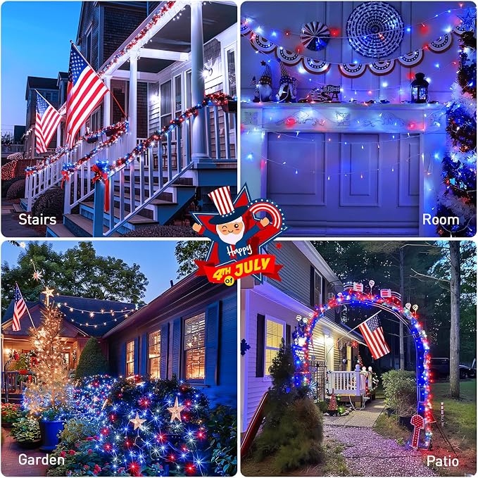 JMEXSUSS Red White and Blue Lights Clear Wire, 66 Ft 200 LED 4th of July - Image 7