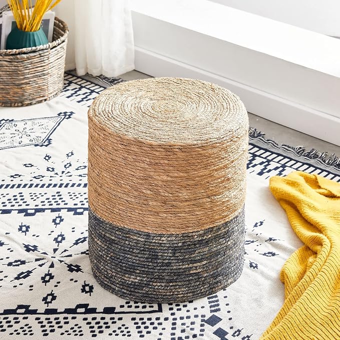 Wimarsbon Round Pouf Ottomans, Handwoven Natural Water Hyacinth Seagrass Pouffe - Image 2