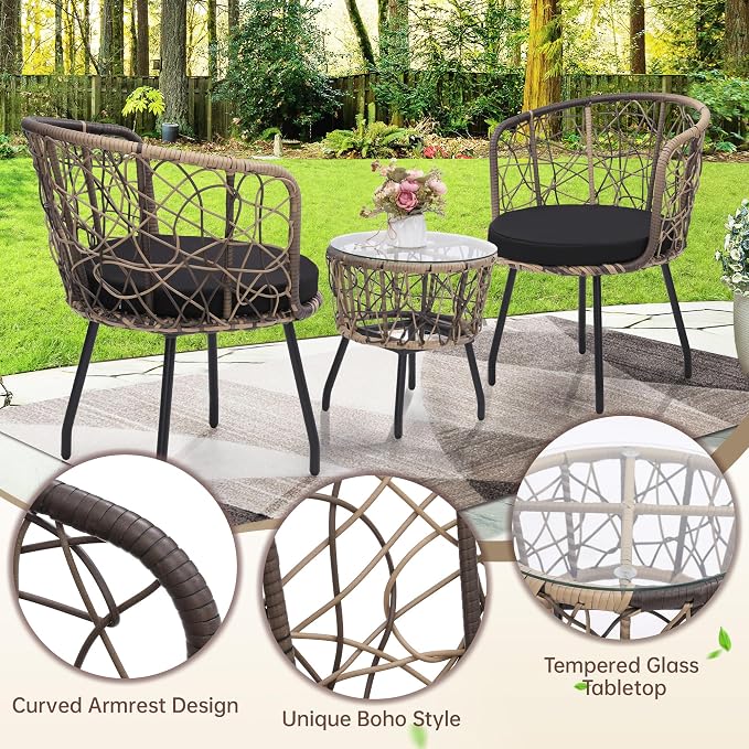 Kromax 3 Piece Bistro Set, Modern Outdoor Wicker Patio Furniture - Image 4