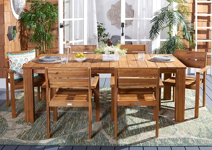 SAFAVIEH Outdoor Collection Hestia Natural Brown Acacia Solid Wood 7-Piece - Image 2