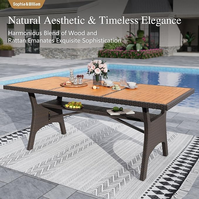 Sophia & William 74 inch Outdoor Dining Table, Acacia Wood & Wicker Patio - Image 2