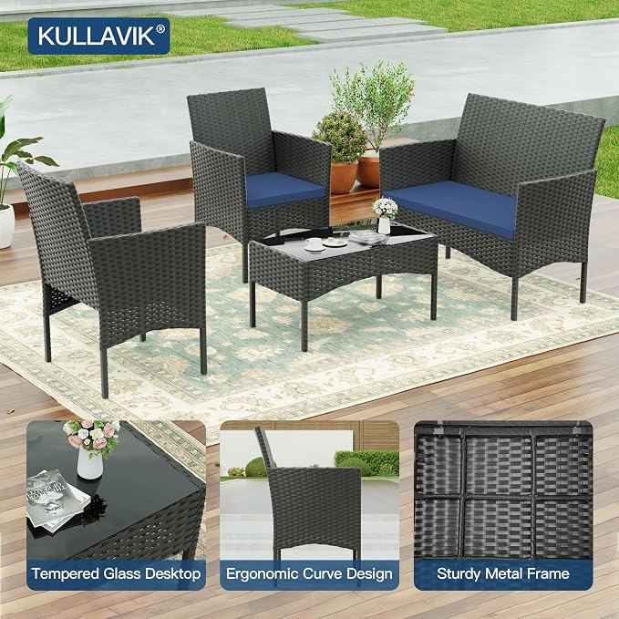 Kullavik 4 Pieces Outdoor Patio Furniture Set, PE Wicker Rattan Chairs Garden - Image 2