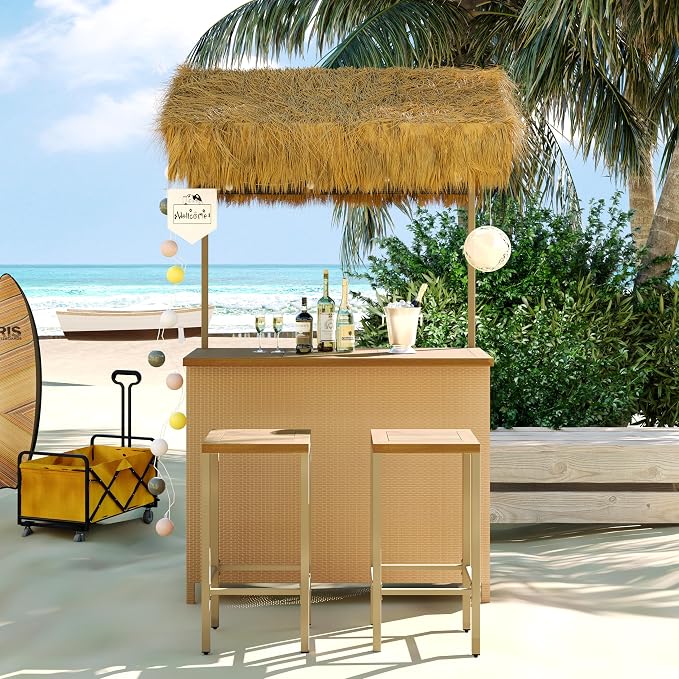 LUMISOL Outdoor Bar Table and Stools, Hawaiian Style Bar Height Patio Set - Image 3