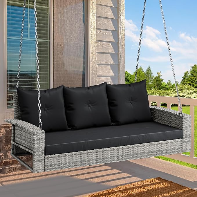 YITAHOME 3-Seats Wicker Hanging Porch Swing Chair Outdoor Gray Rattan Patio - Image 8