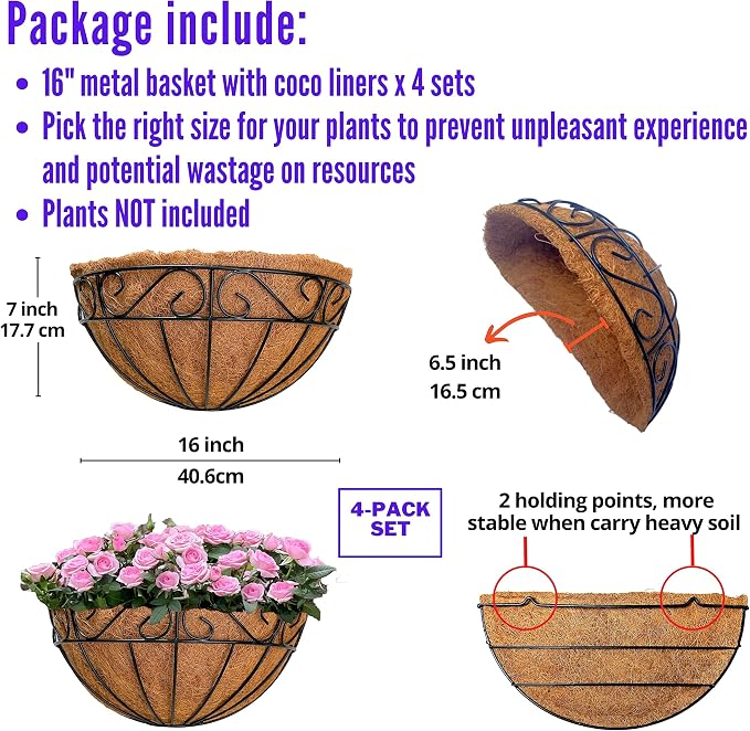 LaLaGreen 16 Inch Wall Mounted Flower Baskets, 4 Pack, Large Railing Planter - Image 2
