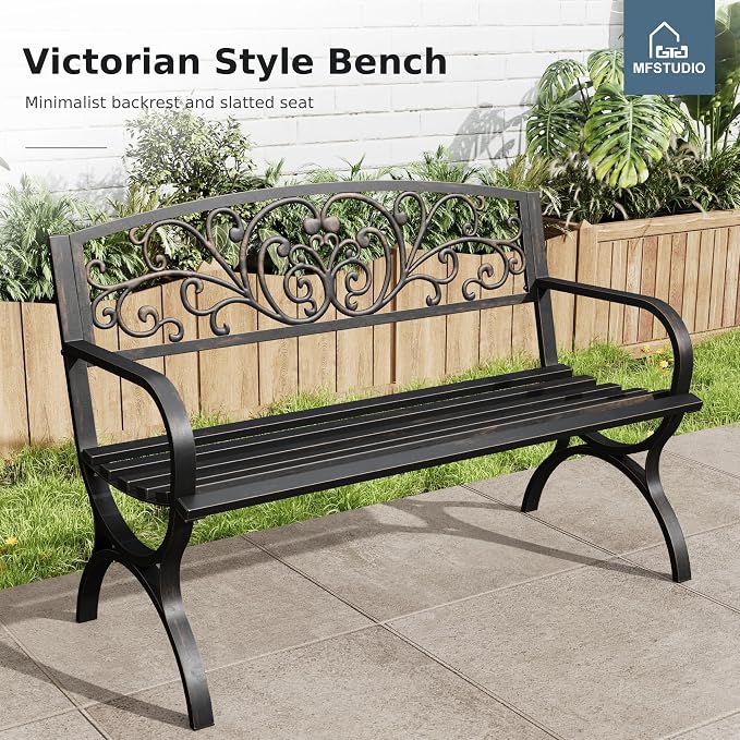MFSTUDIO 50 Inches Outdoor Garden Bench, Cast Iron Metal Frame Patio Park Bench - Image 9