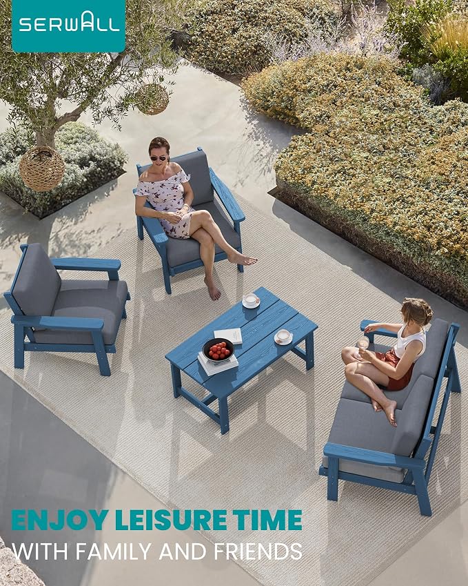 SERWALL 4 Piece HDPE Outdoor Furniture Set, All Weather Wood-Like Outdoor Sofa - Image 9