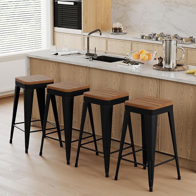 Bar Stools Set of 4 Metal Bar Stool Counter Height Bar Stools Black, Modern 26" by POINTANT