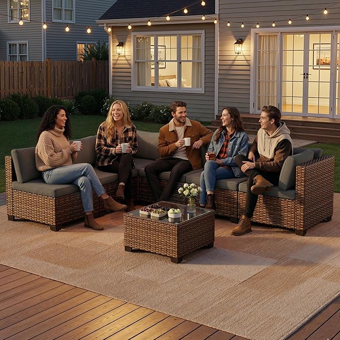 7 Pieces Patio Furniture Set, Outdoor Sectional Rattan Sofa Set, Wicker Patio - Image 6