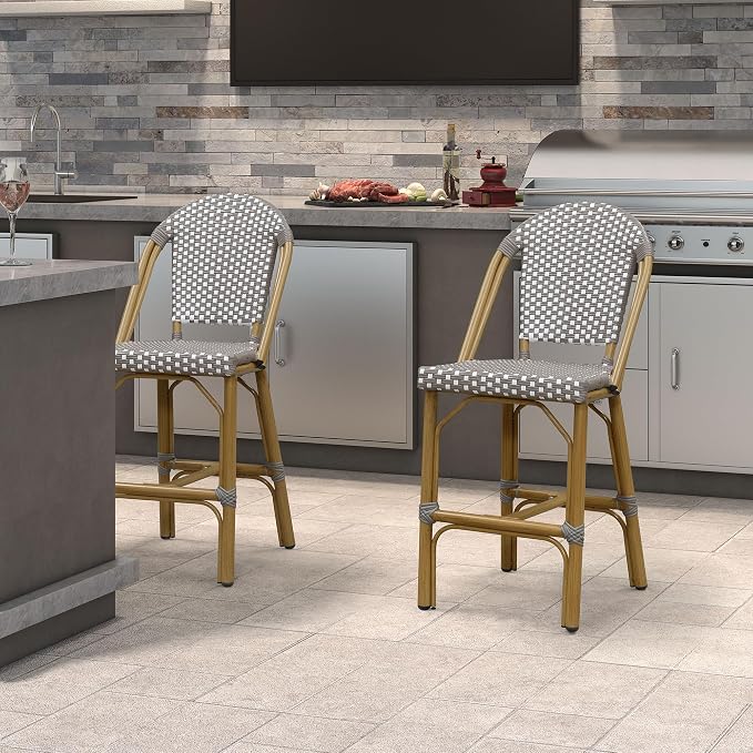 PURPLE LEAF French Counter Height Bar Stools Set of 2 Bamboo Print Finish - Image 2