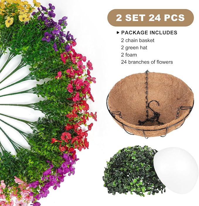 2 Set Artificial Faux Hanging Plants Flowers Basket - Image 4
