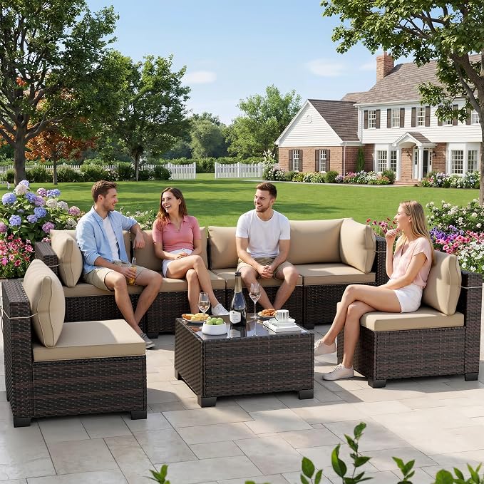 LEVELEVE 7 Pieces Outdoor Patio Furniture Sets, Rattan Conversation Sectional by Enjoyyourlife