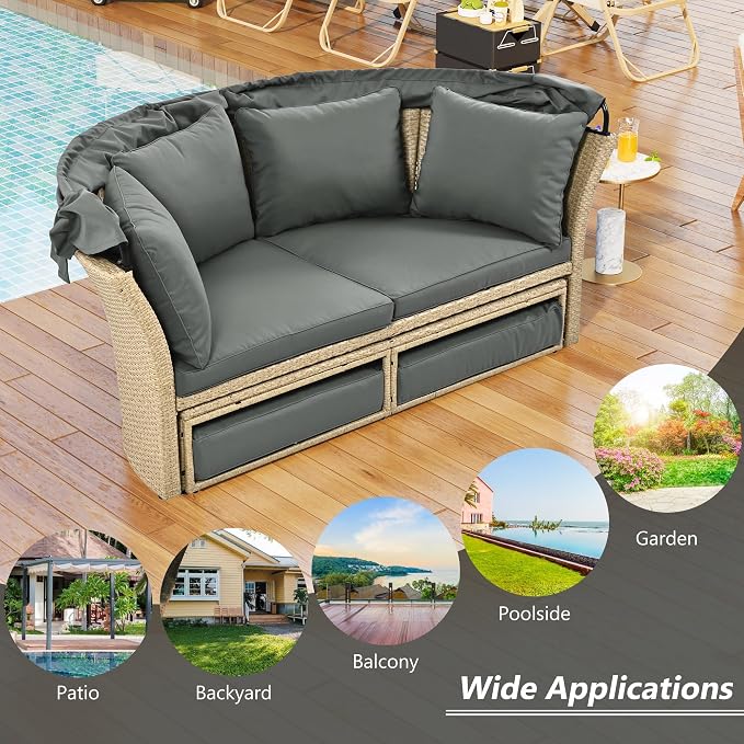 Outdoor Patio Daybed Wicker Rattan Double Daybed Round Sofa Furniture Set - Image 5