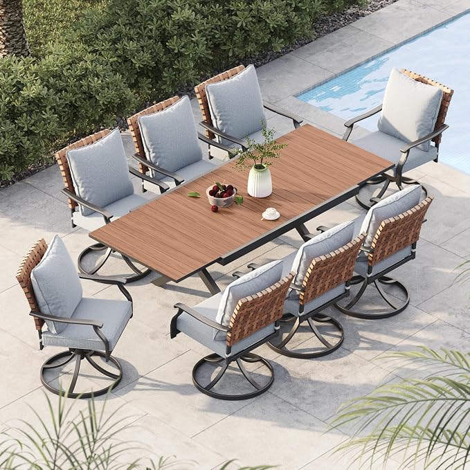 Grand patio 9-Piece Outdoor Dining Set, 8 Leather-Look Wicker Swivel Patio by GrandPatio