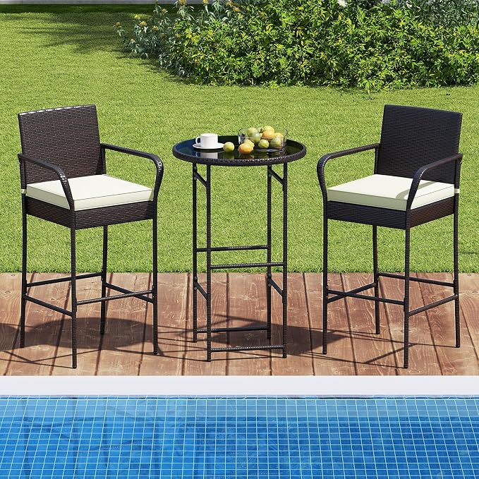 Tangkula 3 Piece Outdoor Bar Set, Patio Rattan Heavy Duty Bar Height Glass Top - Image 4