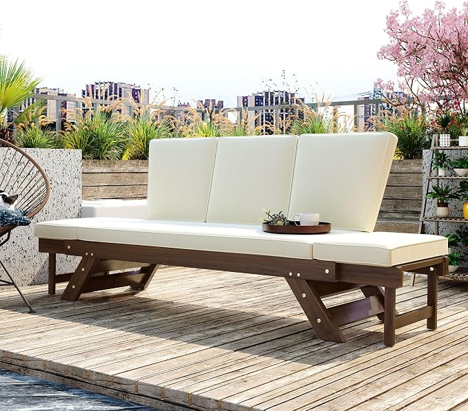 Merax Patio Sofa, Outdoor Adjustable Wooden Daybed, Chaise Lounge - Image 3