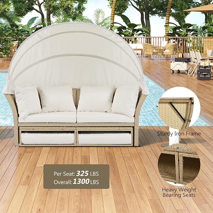 Outdoor Patio Daybed Wicker Rattan Double Daybed Round Sofa Furniture Set - Image 7