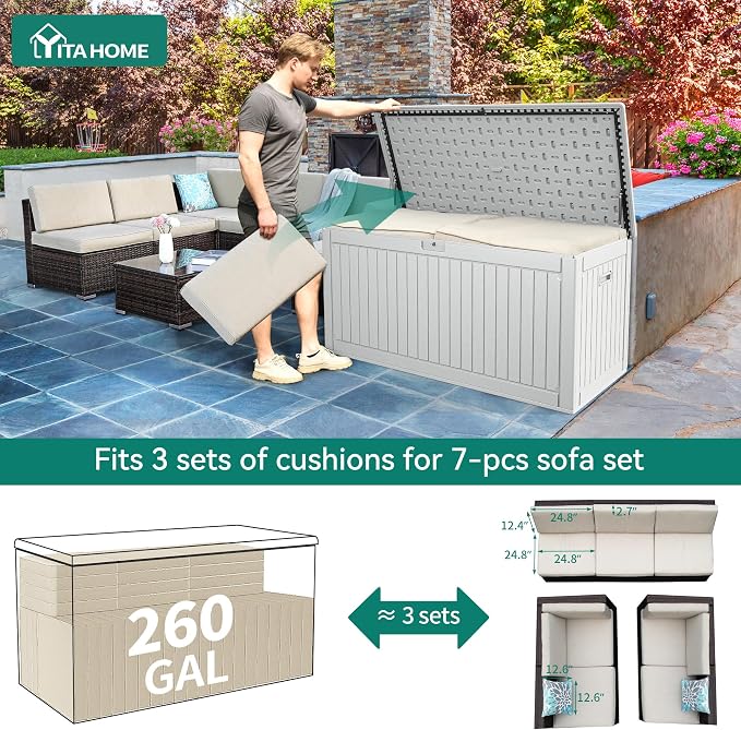 YITAHOME 260 Gallon Extra Large Deck Box, Double-Wall Resin Outdoor Storage Box - Image 6