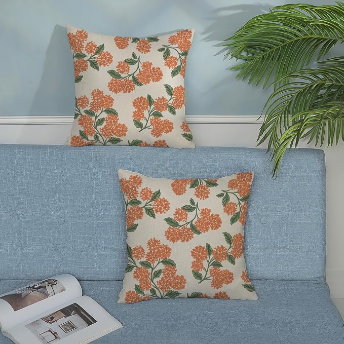 Fall Burnt Orange Pillow Covers 18x18 Inch 2 Pcs Green Hydrangea Flower Decor - Image 3