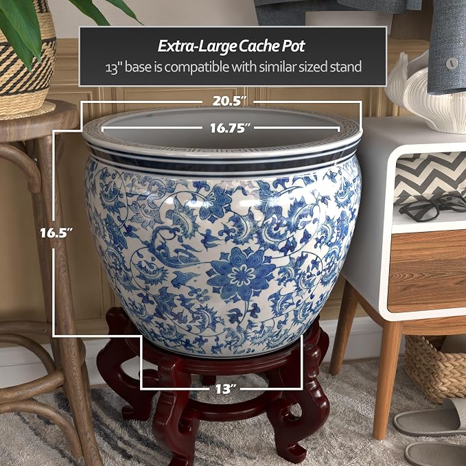 Red Lantern Large 20" Porcelain Fishbowl Blue & White Floral Planter or Cachepot - Image 4