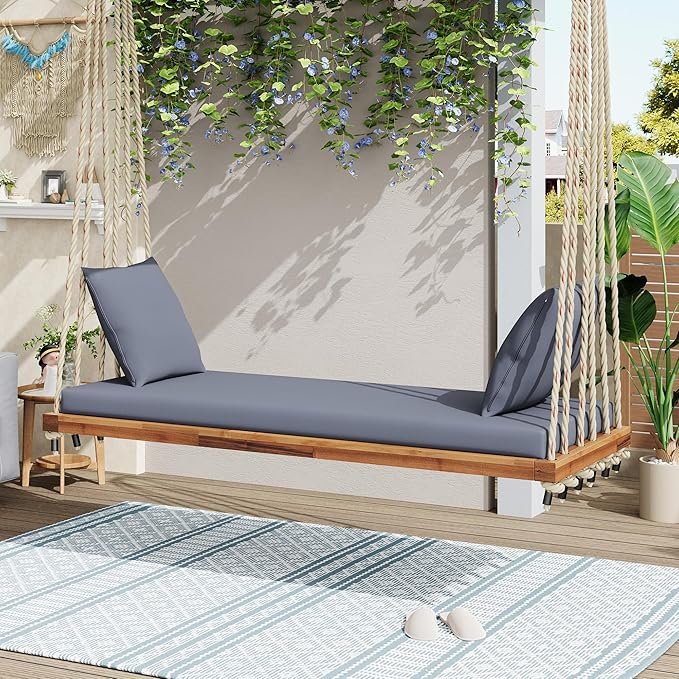 Merax Outdoor Patio Wooden Swing Chair, 2-Seat Hanging Porch Hammock Bench by Merax