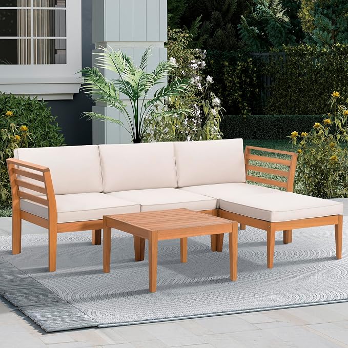 5-Piece Acacia Wood Patio Sectional Set, L-Shaped Outdoor Sofa Garden Couch by ColorYourLife