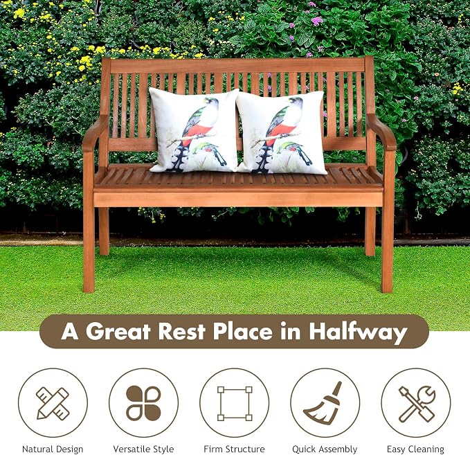 COSTWAY Wooden Bench Outdoor, Curved Armrest & Backrest, Sturdy Outdoor Wood - Image 5