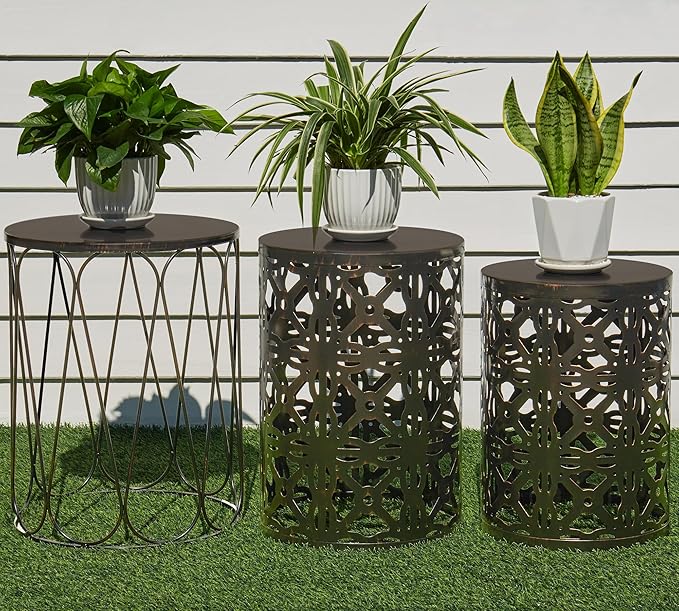 HFHOME Set of 3 Metal Outdoor Side Table, Nesting Round Coffee Table by HFHOME